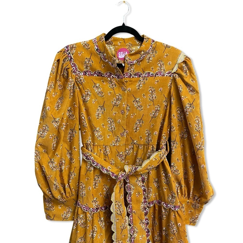 CeliaB Willow Dress Mustard Floral Long Sleeve Dress corduroy print midi NWT L - Picture 6 of 10